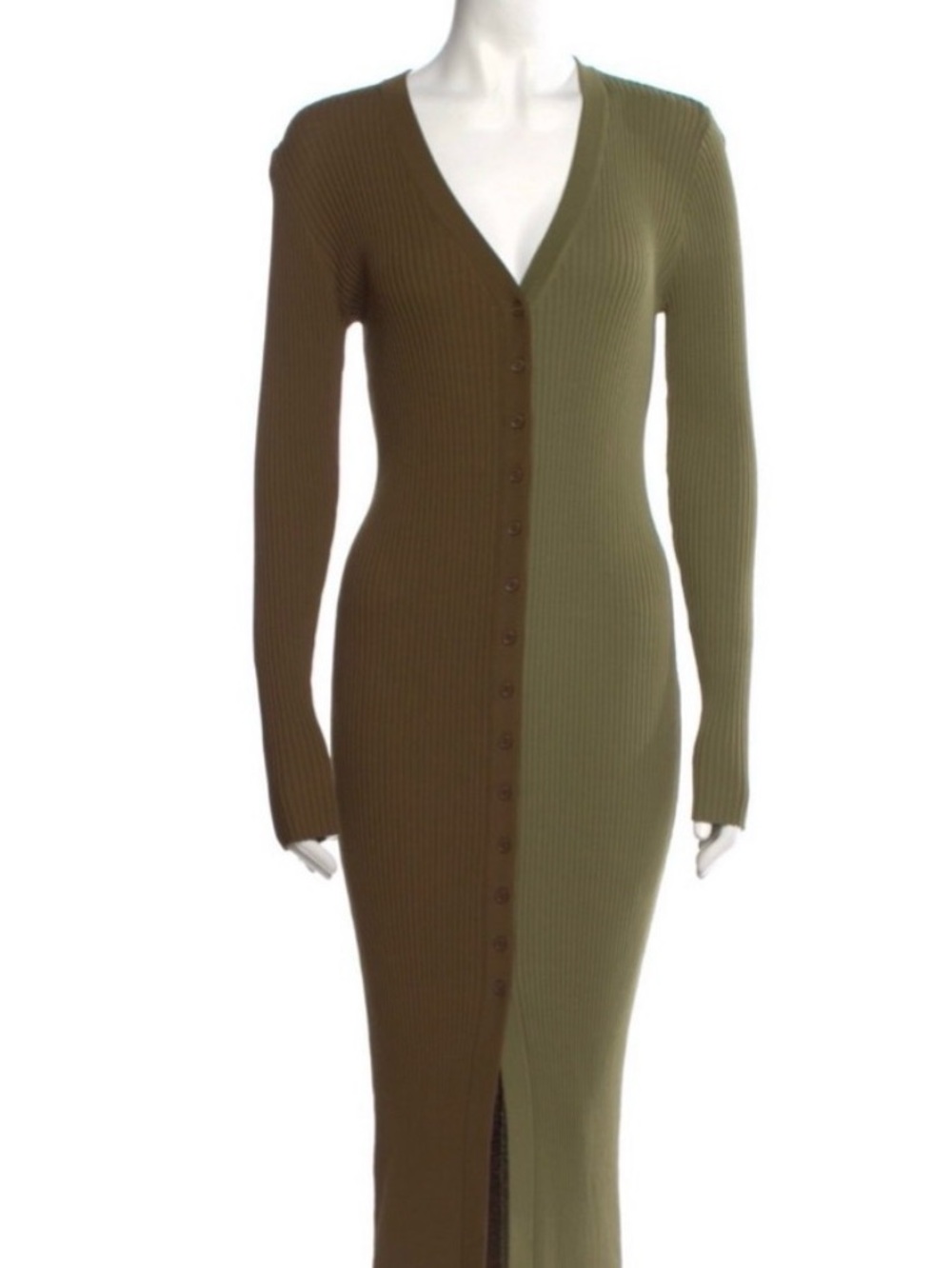 STAUD Two-Tone Olive Ribbed V-Neck Button-Front Maxi Dress